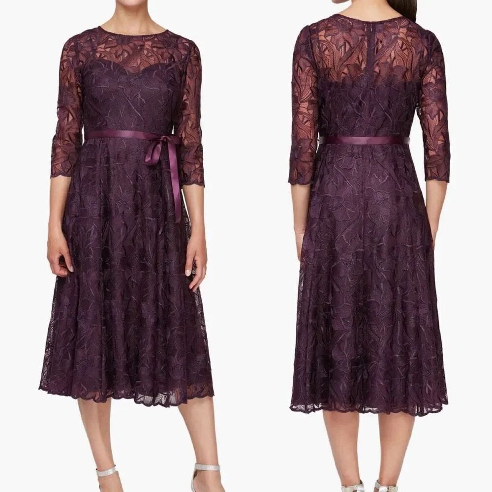 Alex Evenings Womens  eggplant Purple Tea Length Embroidered Illusion Sleeves Dr